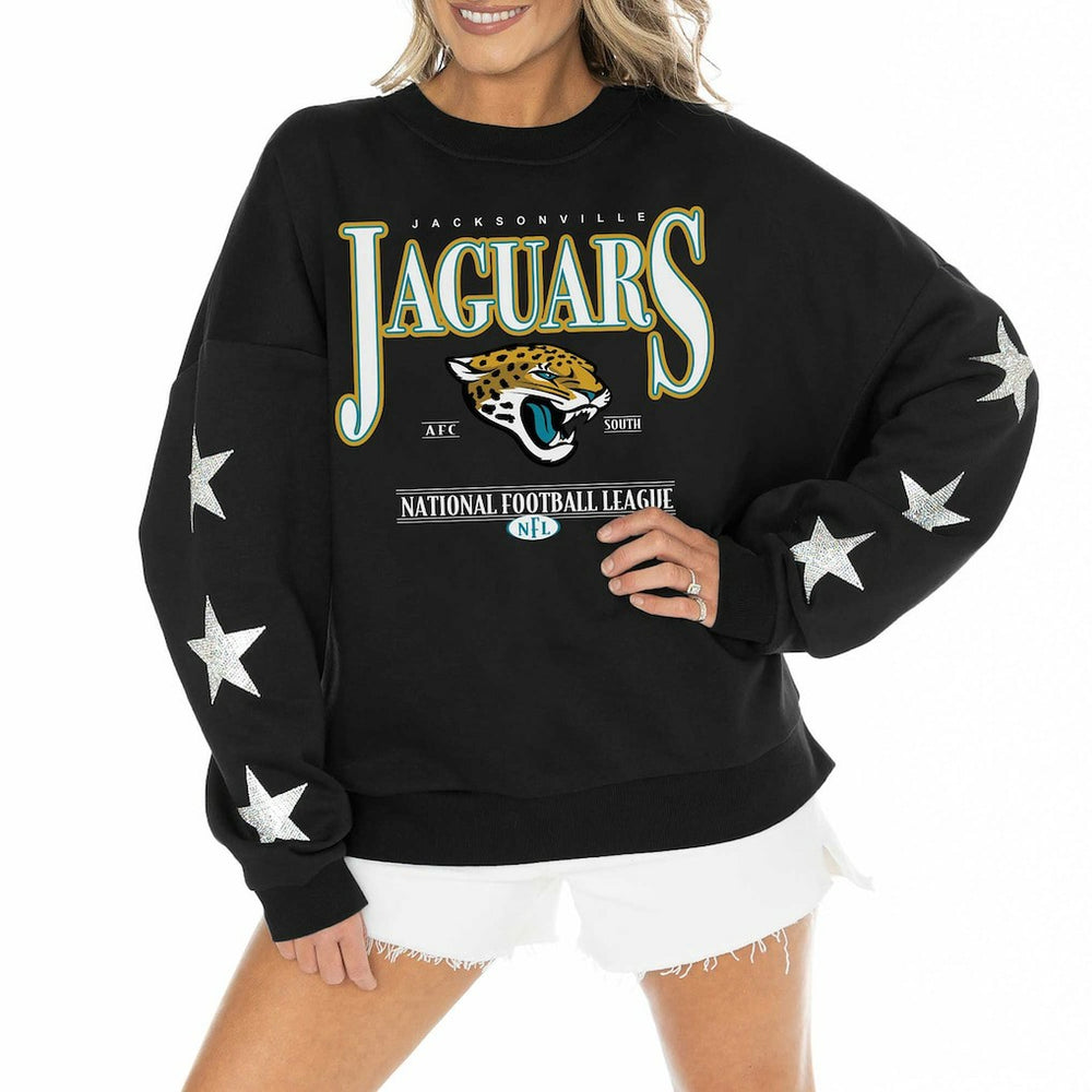 Jacksonville Jaguars Gameday Couture Women's Rhinestone Star Sleeve Settle the Score Oversized Pullover Sweatshirt | NFL US