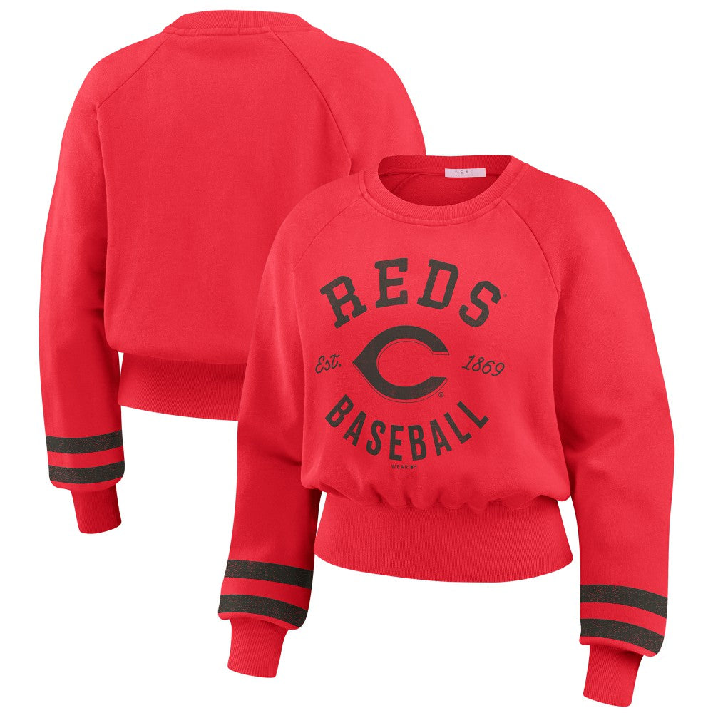 Cincinnati Reds WEAR by Erin Andrews Women's Vintage Washed Cropped Pullover Sweatshirt - MLB Pullover