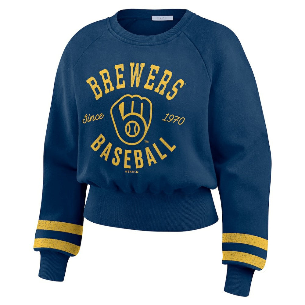 Milwaukee Brewers WEAR by Erin Andrews Women's Vintage Washed Cropped Pullover Sweatshirt - MLB Pullover
