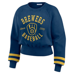 Milwaukee Brewers WEAR by Erin Andrews Women's Vintage Washed Cropped Pullover Sweatshirt - MLB Pullover