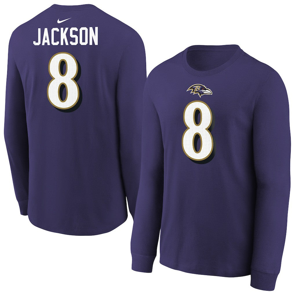 Baltimore Ravens Lamar Jackson  Youth Player Name & Number Long Sleeve T-Shirt | NFL Hot