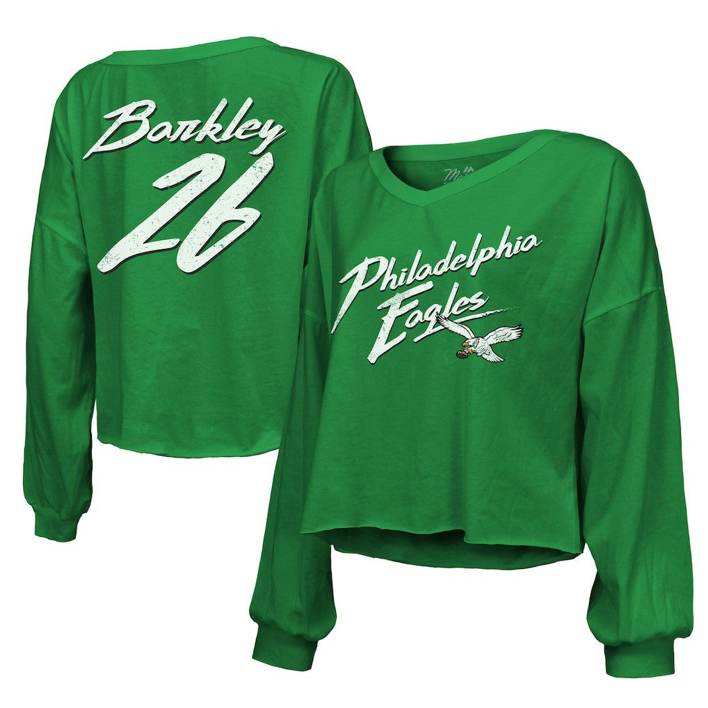 Philadelphia Eagles Saquon Barkley  Majestic Threads Women's Name & Number Off-Shoulder Script Cropped Long Sleeve Relaxed V-Neck T-Shirt | NFL Outlet