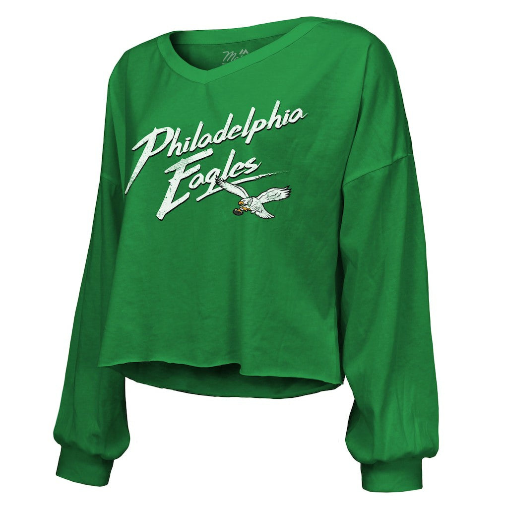 Philadelphia Eagles Saquon Barkley  Majestic Threads Women's Name & Number Off-Shoulder Script Cropped Long Sleeve Relaxed V-Neck T-Shirt | NFL Outlet
