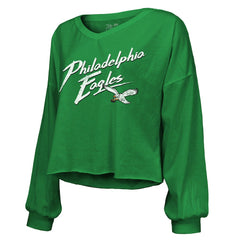 Philadelphia Eagles Saquon Barkley  Majestic Threads Women's Name & Number Off-Shoulder Script Cropped Long Sleeve Relaxed V-Neck T-Shirt | NFL Outlet