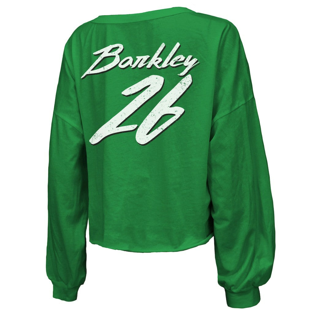 Philadelphia Eagles Saquon Barkley  Majestic Threads Women's Name & Number Off-Shoulder Script Cropped Long Sleeve Relaxed V-Neck T-Shirt | NFL Outlet