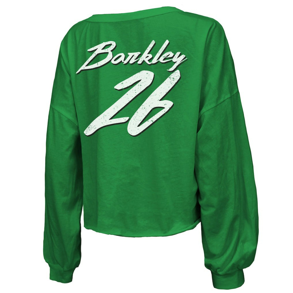 Philadelphia Eagles Saquon Barkley  Majestic Threads Women's Name & Number Off-Shoulder Script Cropped Long Sleeve Relaxed V-Neck T-Shirt | NFL Outlet