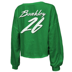 Philadelphia Eagles Saquon Barkley  Majestic Threads Women's Name & Number Off-Shoulder Script Cropped Long Sleeve Relaxed V-Neck T-Shirt | NFL Outlet