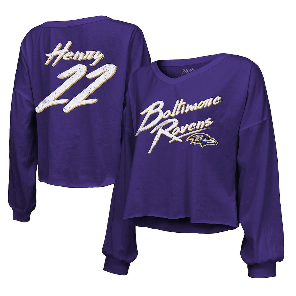 Baltimore Ravens Derrick Henry  Majestic Threads Women's Name & Number Off-Shoulder Script Cropped Long Sleeve Relaxed V-Neck T-Shirt | NFL On sale