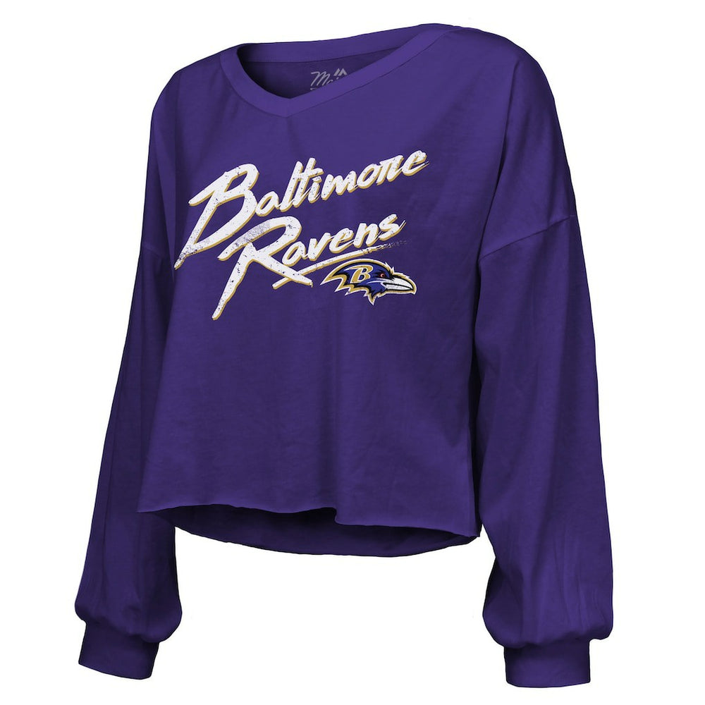 Baltimore Ravens Derrick Henry  Majestic Threads Women's Name & Number Off-Shoulder Script Cropped Long Sleeve Relaxed V-Neck T-Shirt | NFL On sale