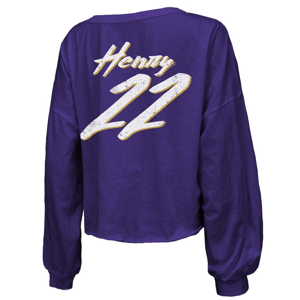 Baltimore Ravens Derrick Henry  Majestic Threads Women's Name & Number Off-Shoulder Script Cropped Long Sleeve Relaxed V-Neck T-Shirt | NFL On sale