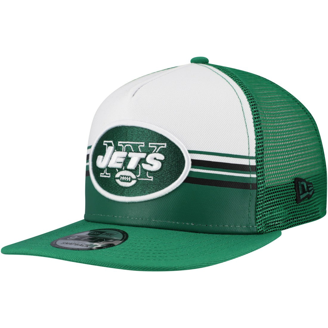 New York Jets Striped A-Frame 9FIFTY Adjustable Trucker Snapback Hat | NFL US