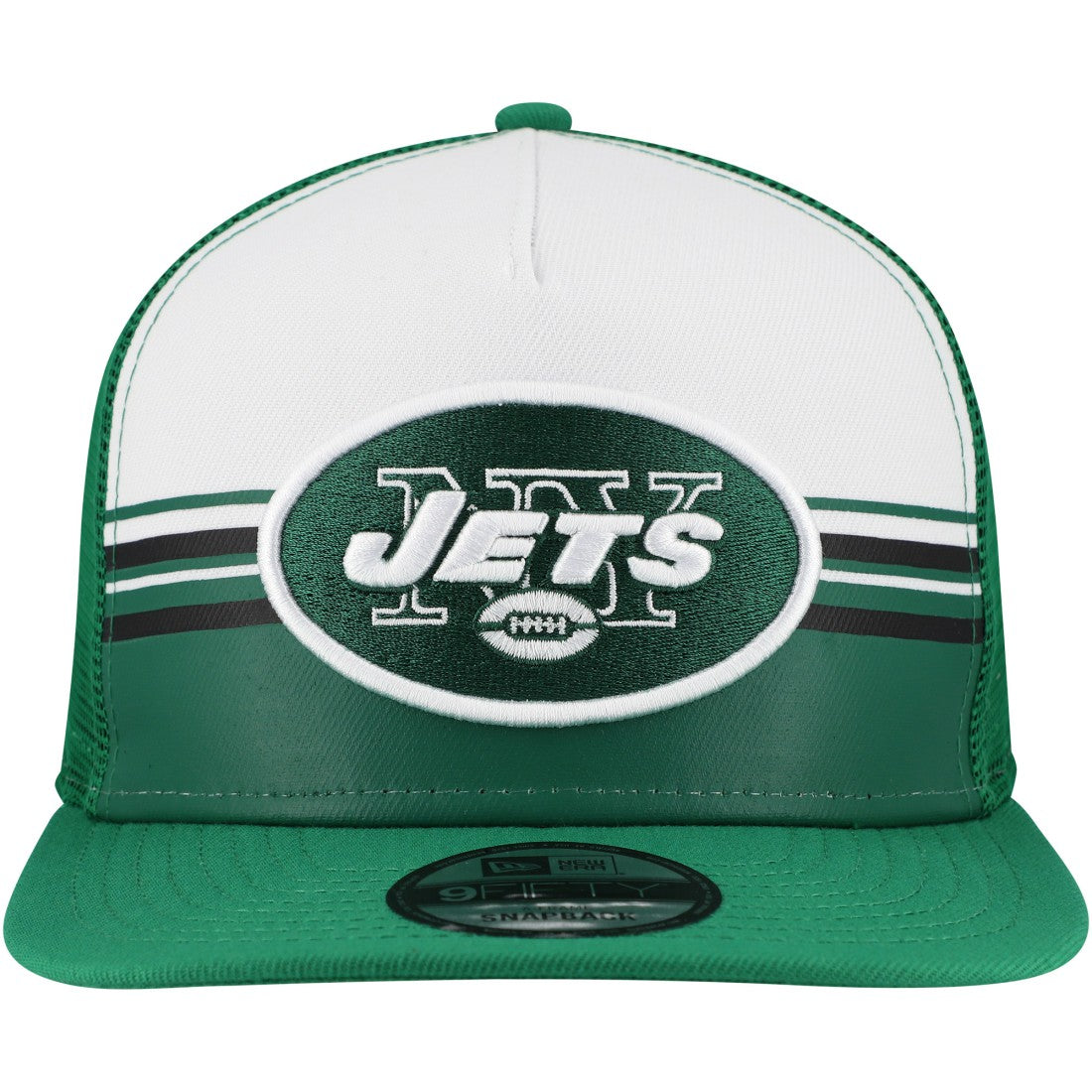 New York Jets Striped A-Frame 9FIFTY Adjustable Trucker Snapback Hat | NFL US