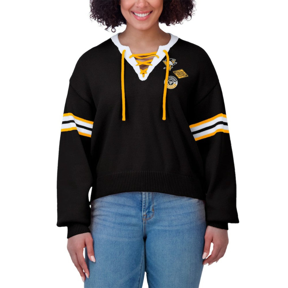 Pittsburgh Penguins WEAR by Erin Andrews Women's Cropped Lace-Up Sweater -  NHL