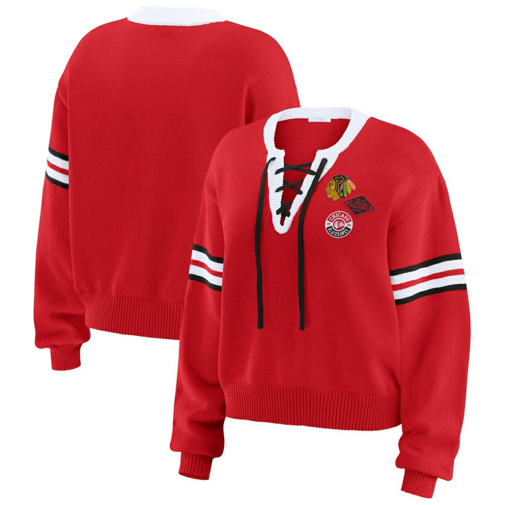 Chicago Blackhawks WEAR by Erin Andrews Women's Cropped Lace-Up Sweater -  NHL