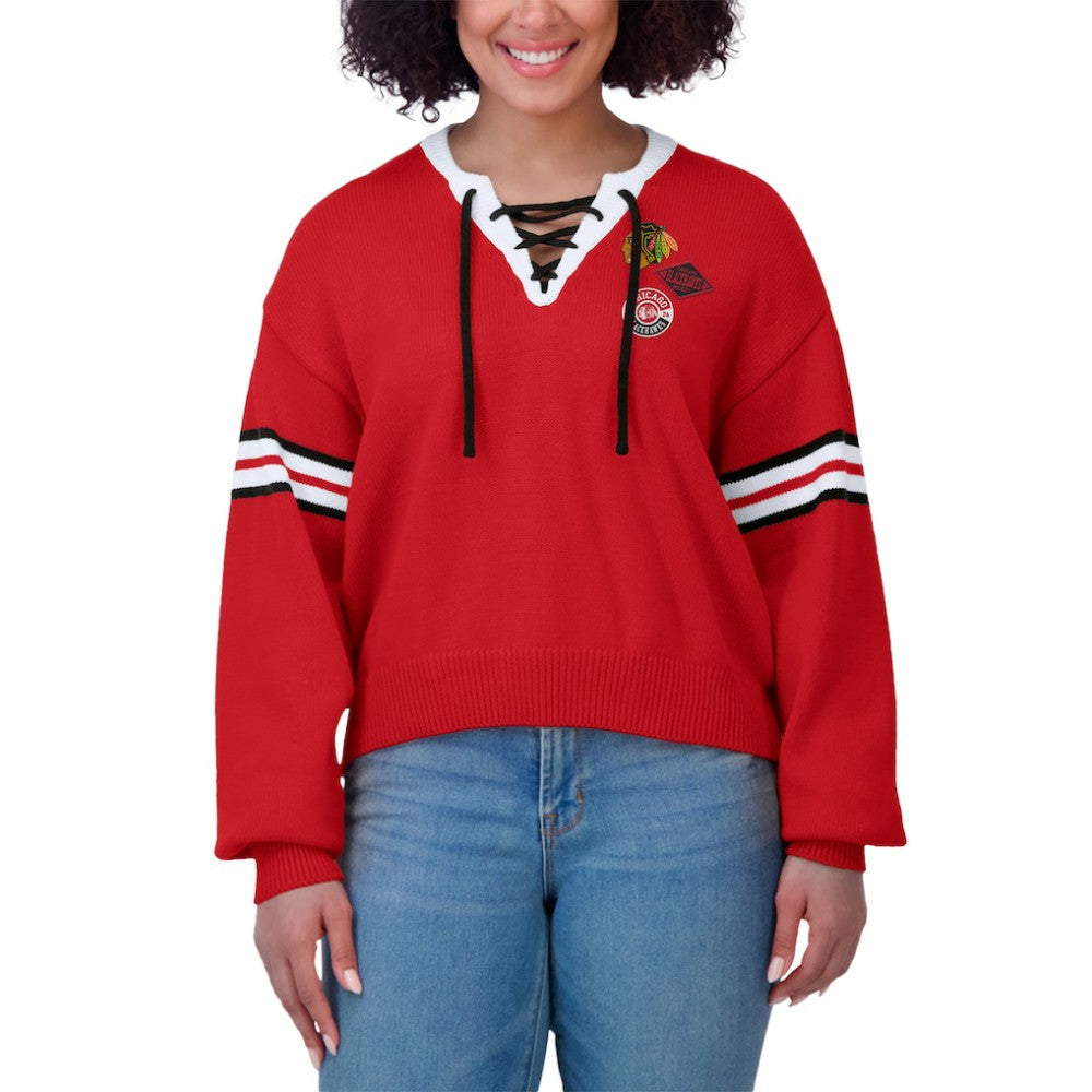 Chicago Blackhawks WEAR by Erin Andrews Women's Cropped Lace-Up Sweater -  NHL