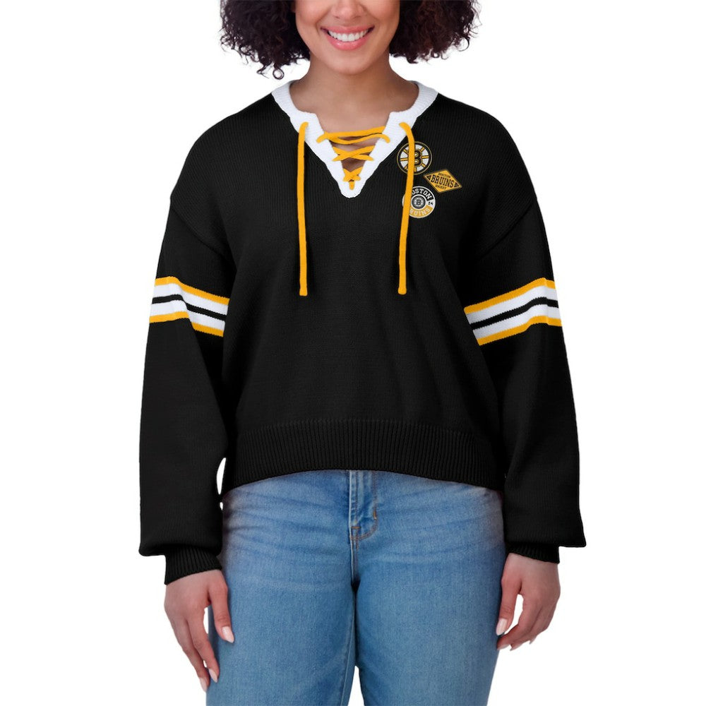 Boston Bruins WEAR by Erin Andrews Women's Cropped Lace-Up Sweater -  NHL