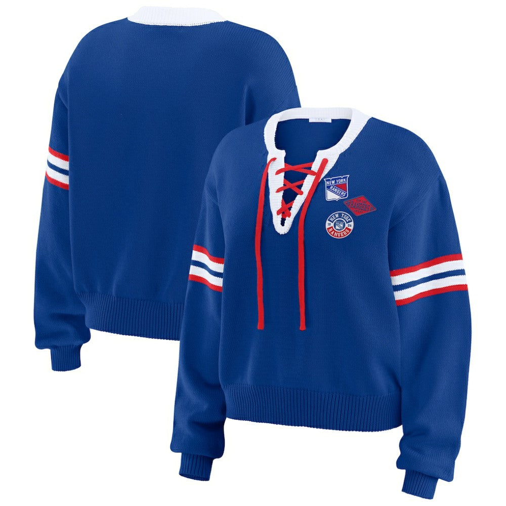 New York Rangers WEAR by Erin Andrews Women's Cropped Lace-Up Sweater -  NHL