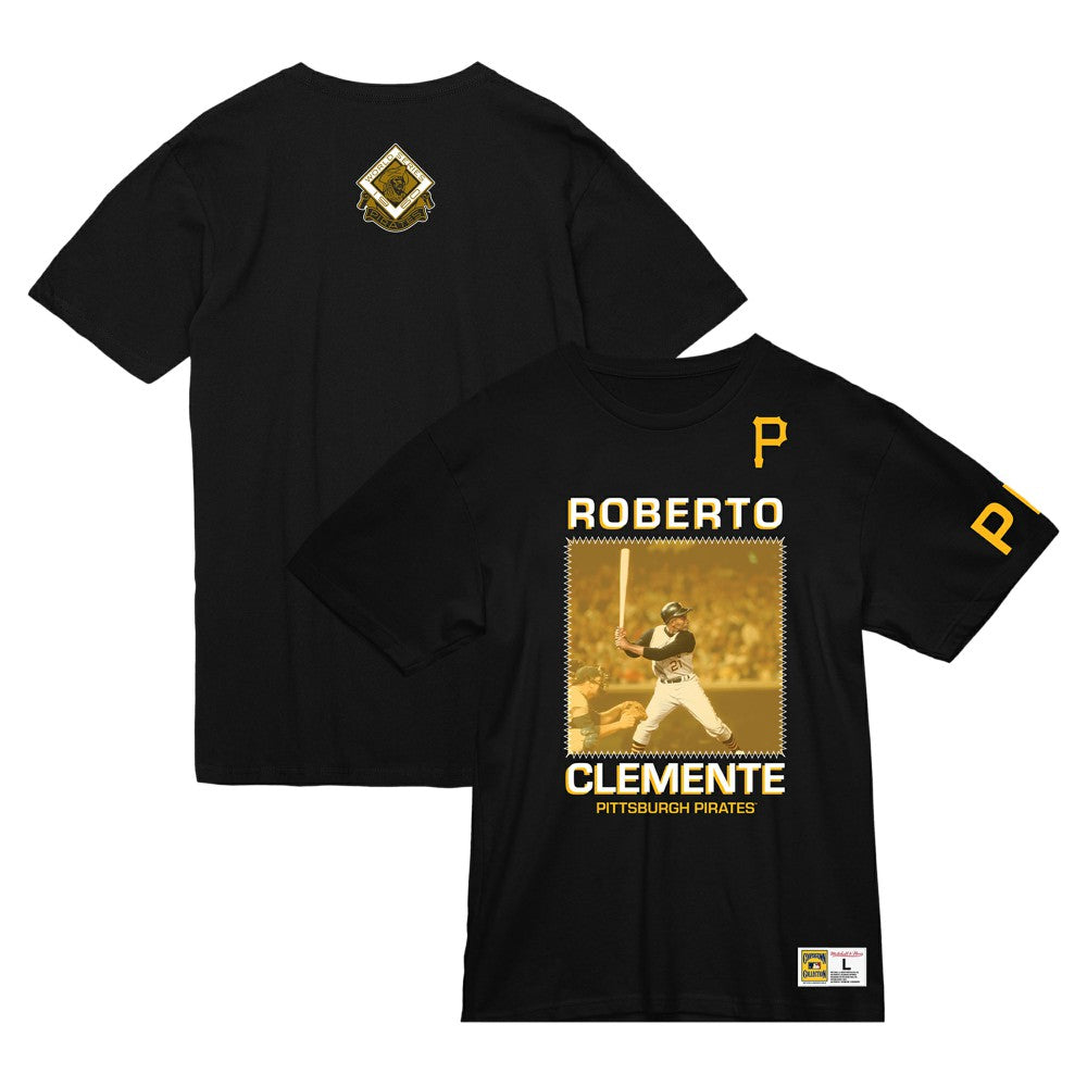 Roberto Clemente Pittsburgh Pirates Mitchell & Ness Cooperstown Collection Heavyweight Premium Player Vintage Logo T-Shirt - MLB T-shirts