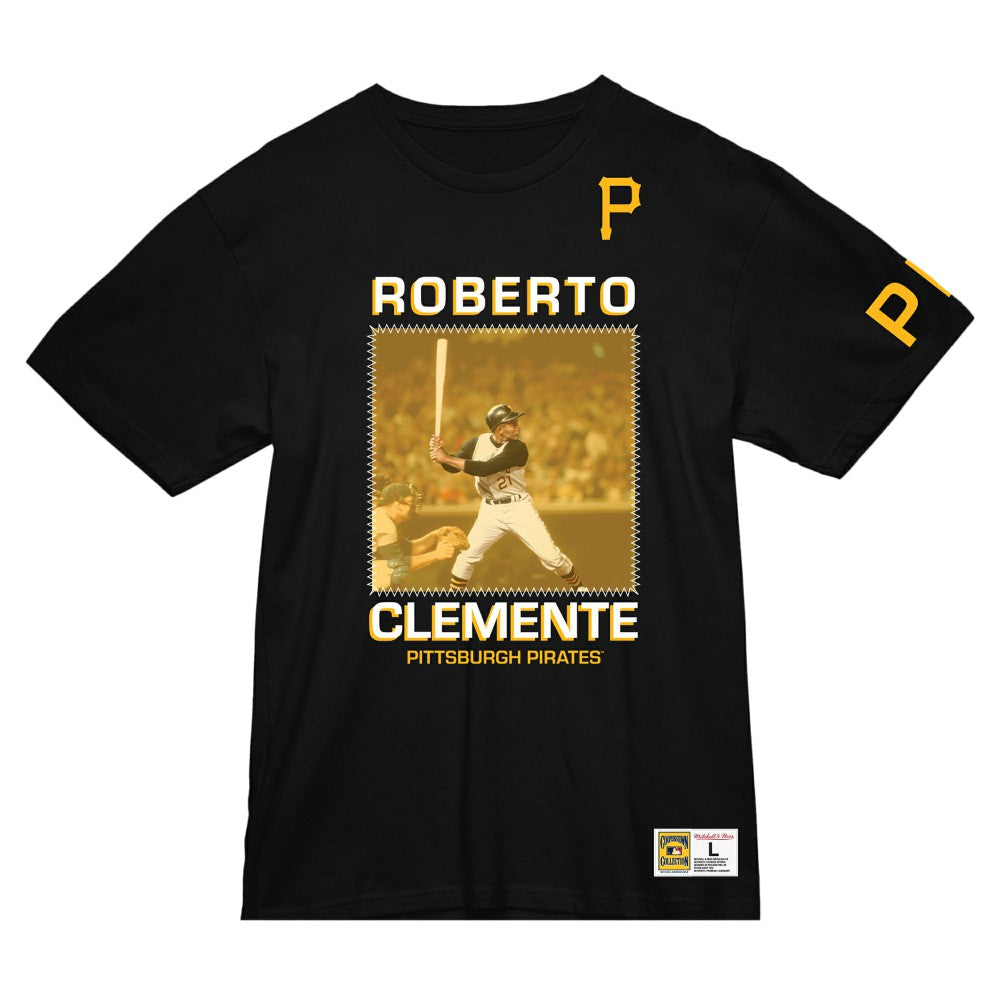 Roberto Clemente Pittsburgh Pirates Mitchell & Ness Cooperstown Collection Heavyweight Premium Player Vintage Logo T-Shirt - MLB T-shirts