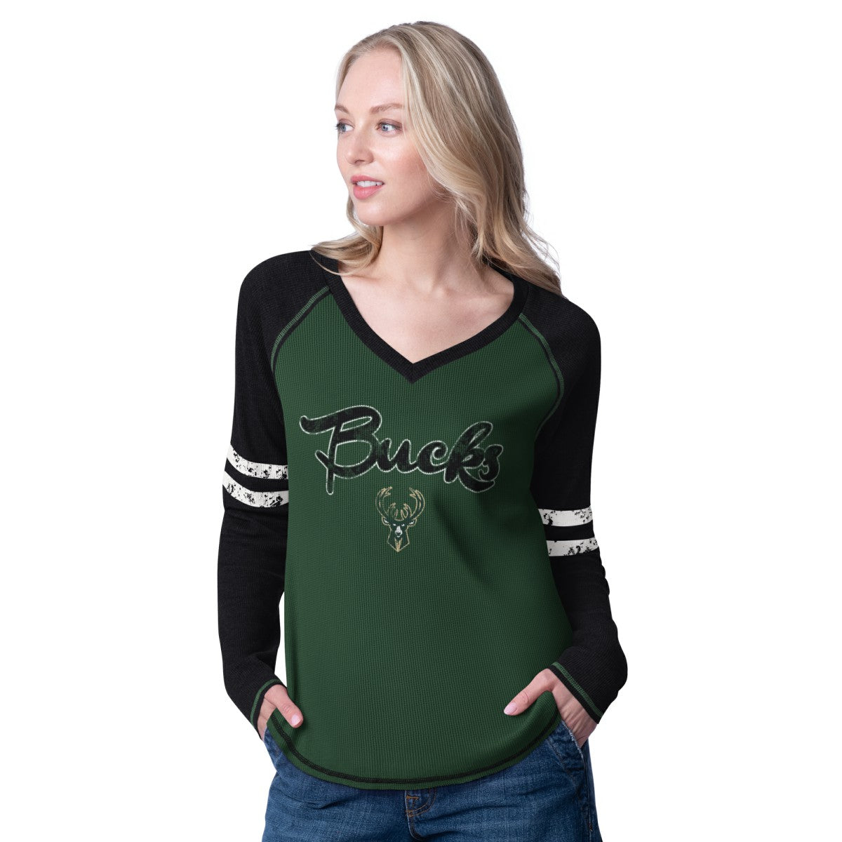 Hunter Green/Cream Milwaukee Bucks G-III 4Her by Carl Banks Women's Winner Waffle Knit Thermal Long Sleeve Tri-Blend T-Shirt | NBA