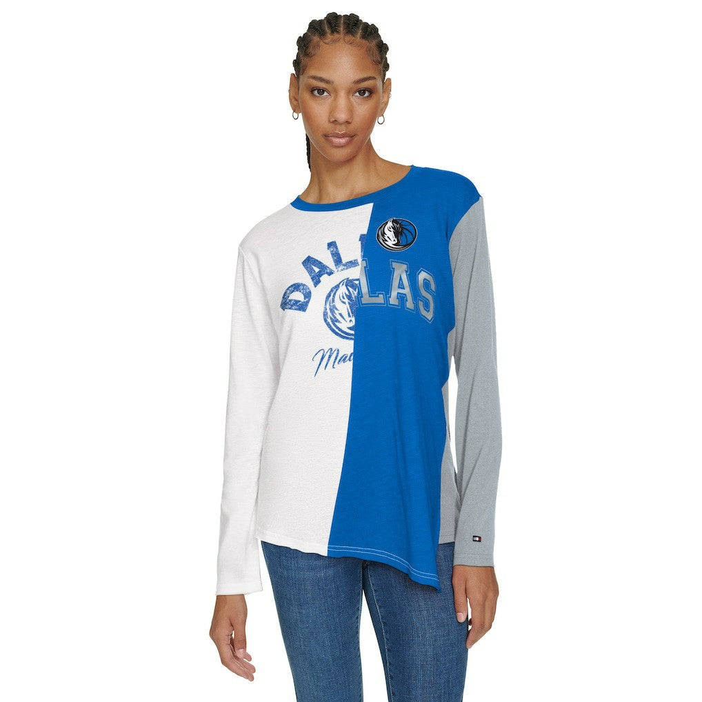 White/Blue Dallas Mavericks Tommy Jeans Women's Amelia Color Blocked Long Sleeve T-Shirt sale | NBA
