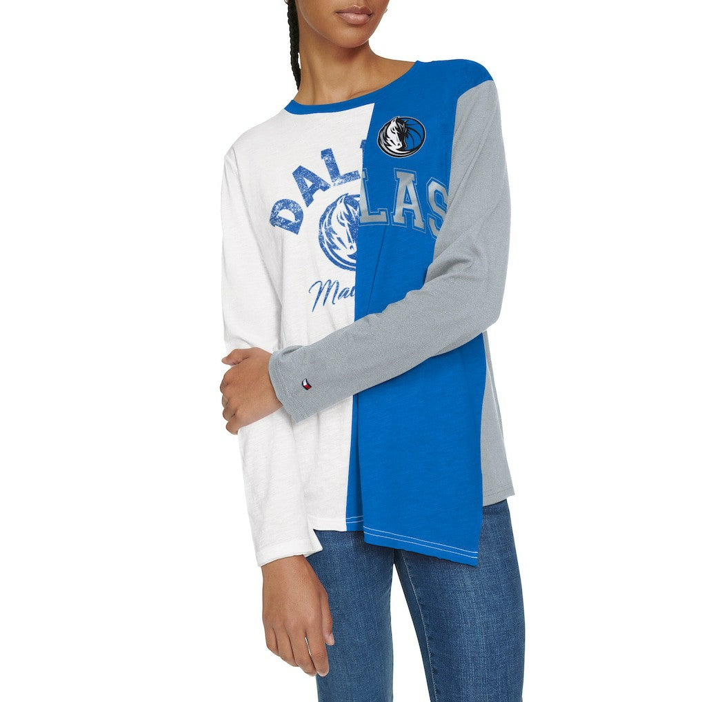 White/Blue Dallas Mavericks Tommy Jeans Women's Amelia Color Blocked Long Sleeve T-Shirt sale | NBA