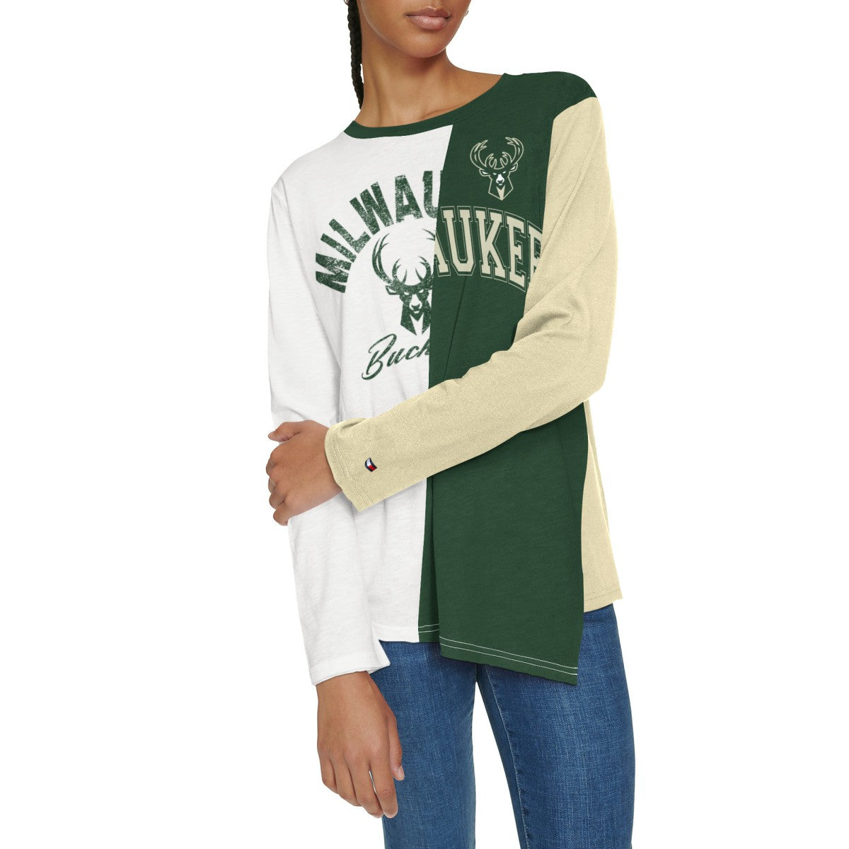 White/Hunter Green Milwaukee Bucks Tommy Jeans Women's Amelia Color Blocked Long Sleeve T-Shirt | NBA