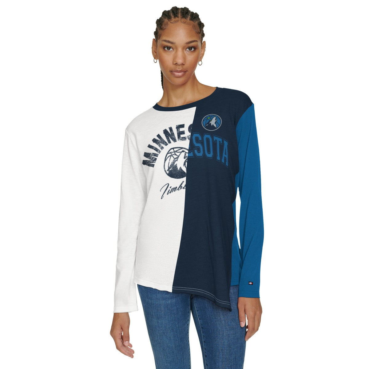 White/Navy Minnesota Timberwolves Tommy Jeans Women's Amelia Color Blocked Long Sleeve T-Shirt | NBA
