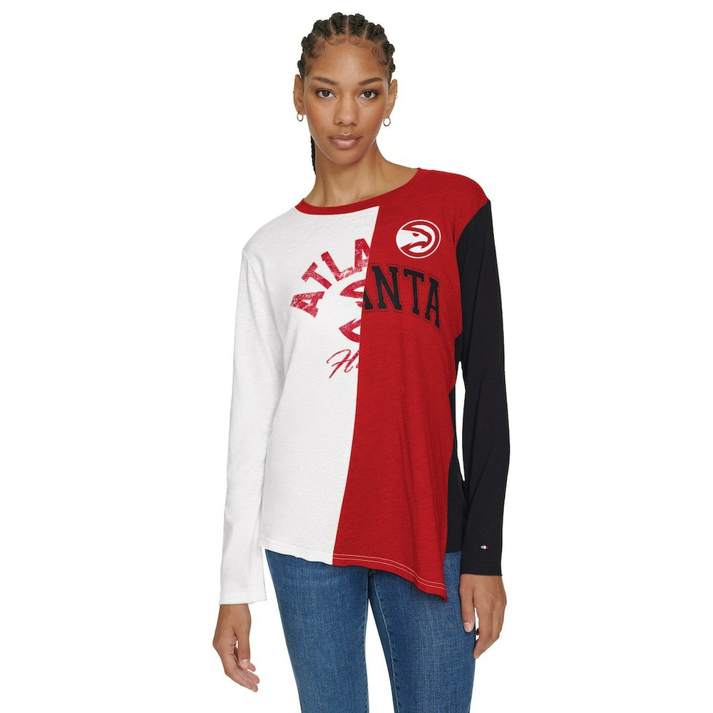 White/Red Atlanta Hawks Tommy Jeans Women's Amelia Color Blocked Long Sleeve T-Shirt | NBA