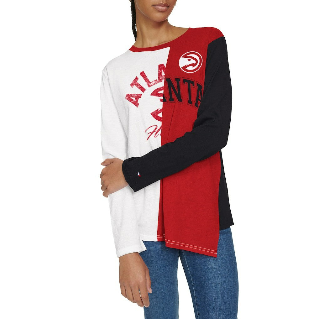 White/Red Atlanta Hawks Tommy Jeans Women's Amelia Color Blocked Long Sleeve T-Shirt | NBA
