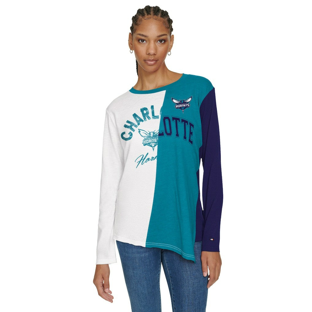 White/Teal Charlotte Hornets Tommy Jeans Women's Amelia Color Blocked Long Sleeve T-Shirt | NBA