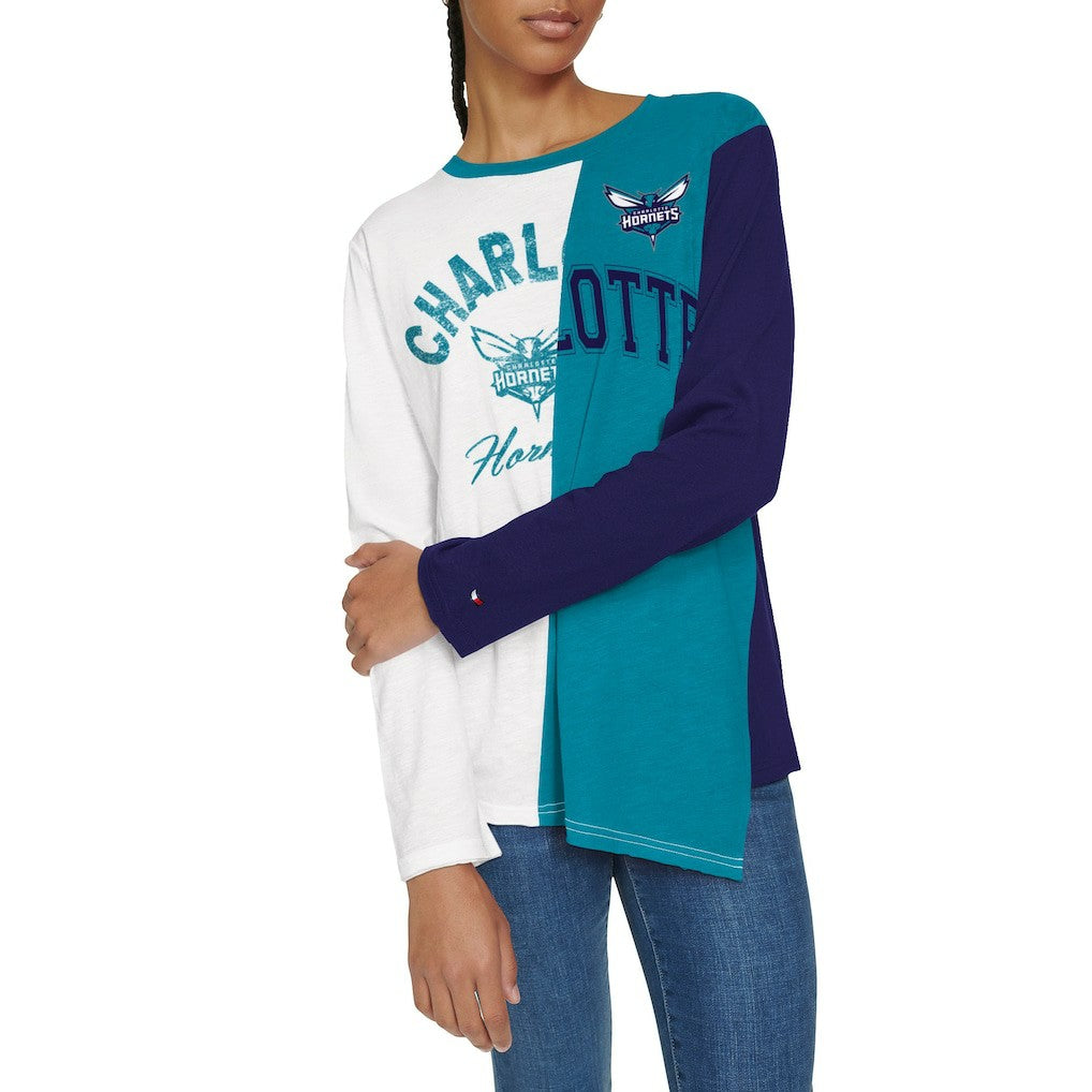 White/Teal Charlotte Hornets Tommy Jeans Women's Amelia Color Blocked Long Sleeve T-Shirt | NBA
