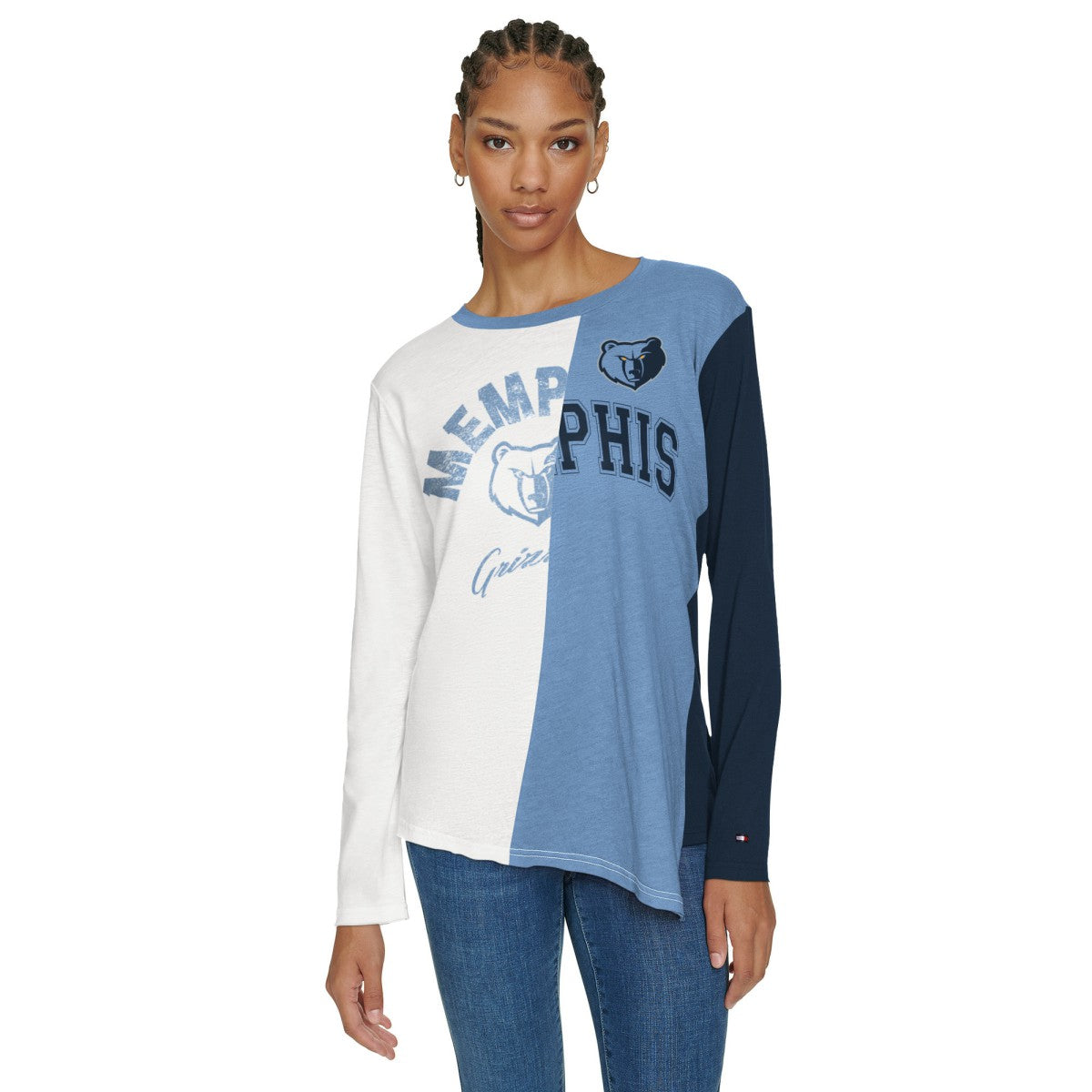 White/Light Blue Memphis Grizzlies Tommy Jeans Women's Amelia Color Blocked Long Sleeve T-Shirt | NBA