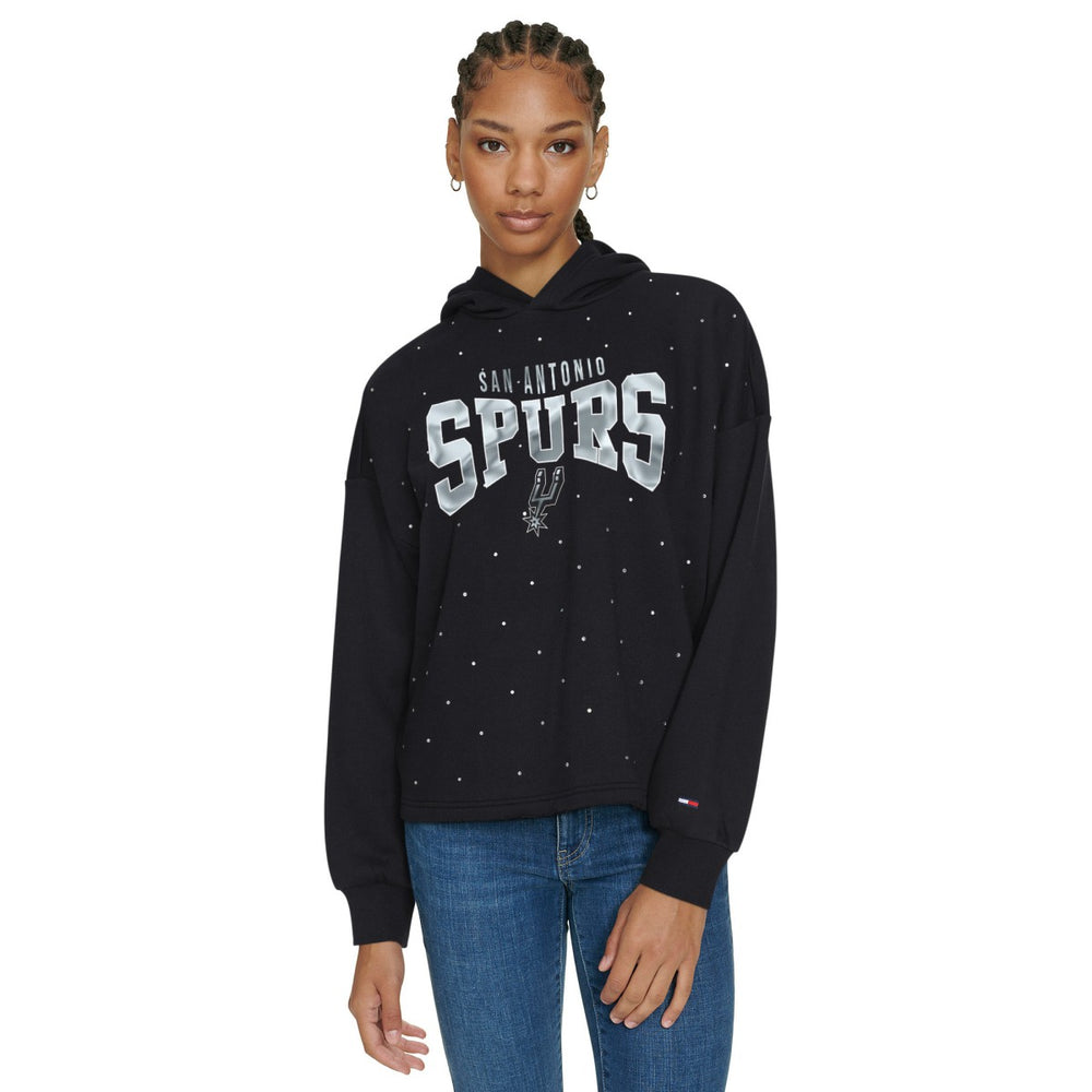 Black San Antonio Spurs Tommy Jeans Women's Stella Cropped Pullover Hoodie | NBA