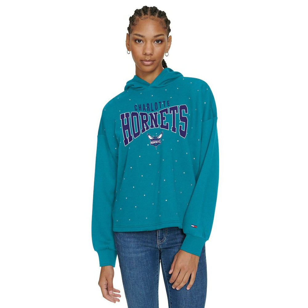 Teal Charlotte Hornets Tommy Jeans Women's Stella Cropped Pullover Hoodie | NBA