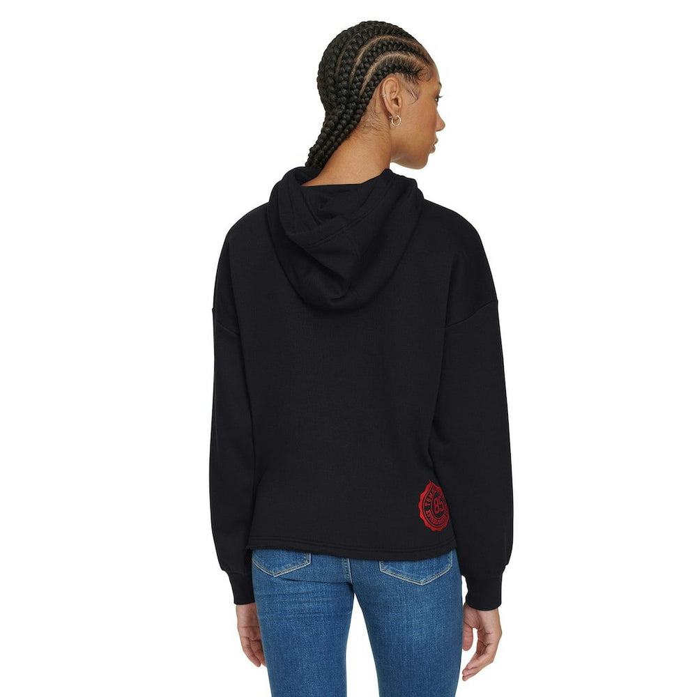 Black Philadelphia 76ers Tommy Jeans Women's Stella Cropped Pullover Hoodie | NBA