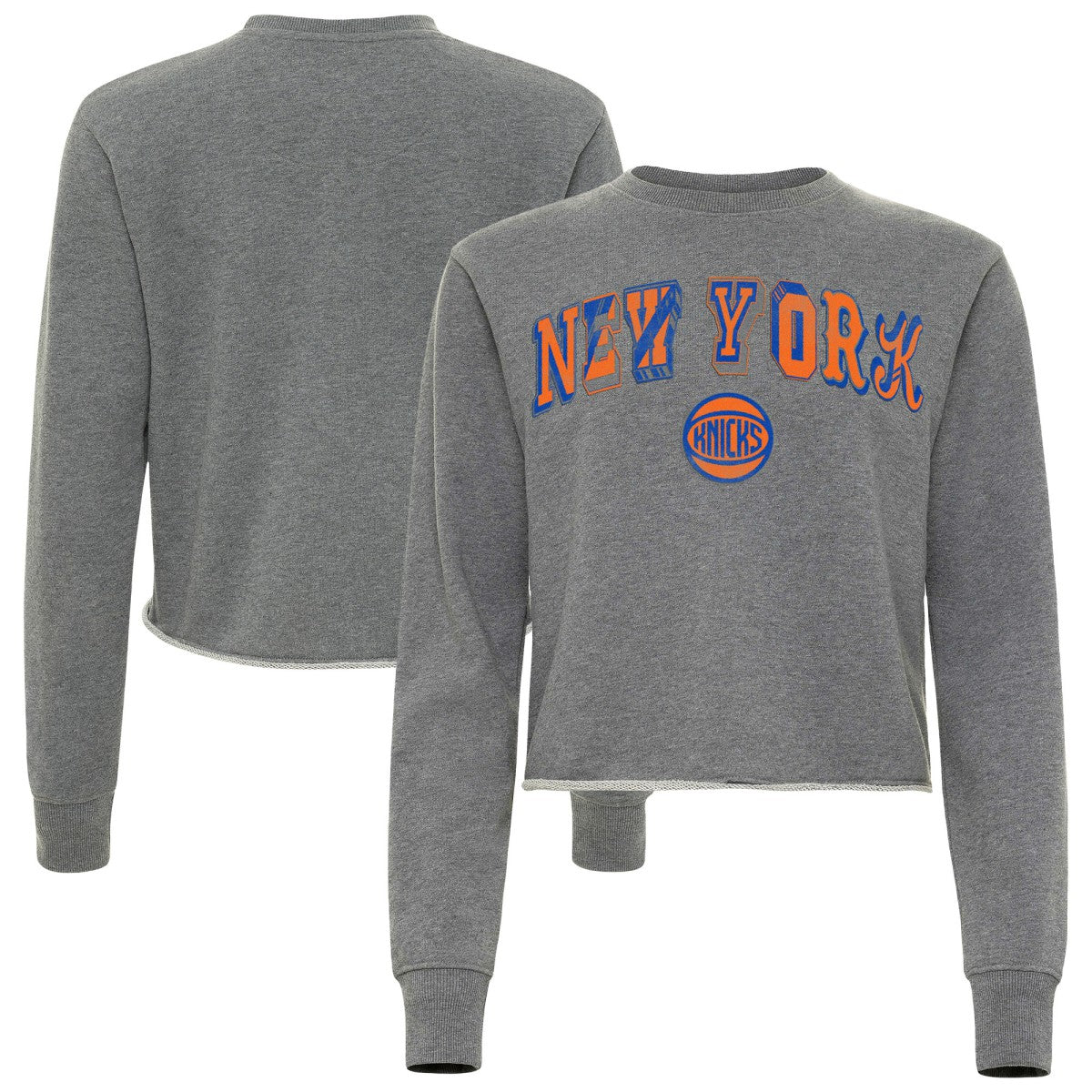 Heather Gray New York Knicks Sportiqe Women's Varsity Collection Kacey Cropped Pullover Sweatshirt | NBA
