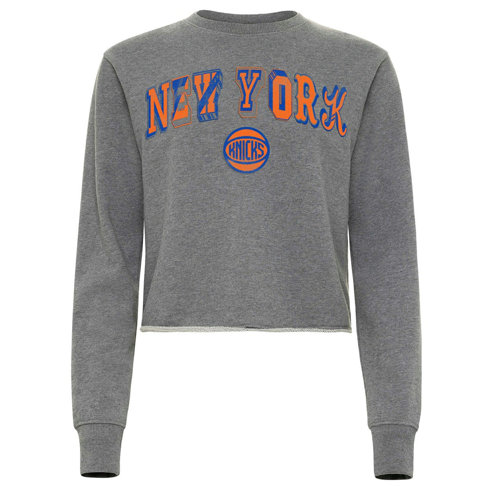 Heather Gray New York Knicks Sportiqe Women's Varsity Collection Kacey Cropped Pullover Sweatshirt | NBA