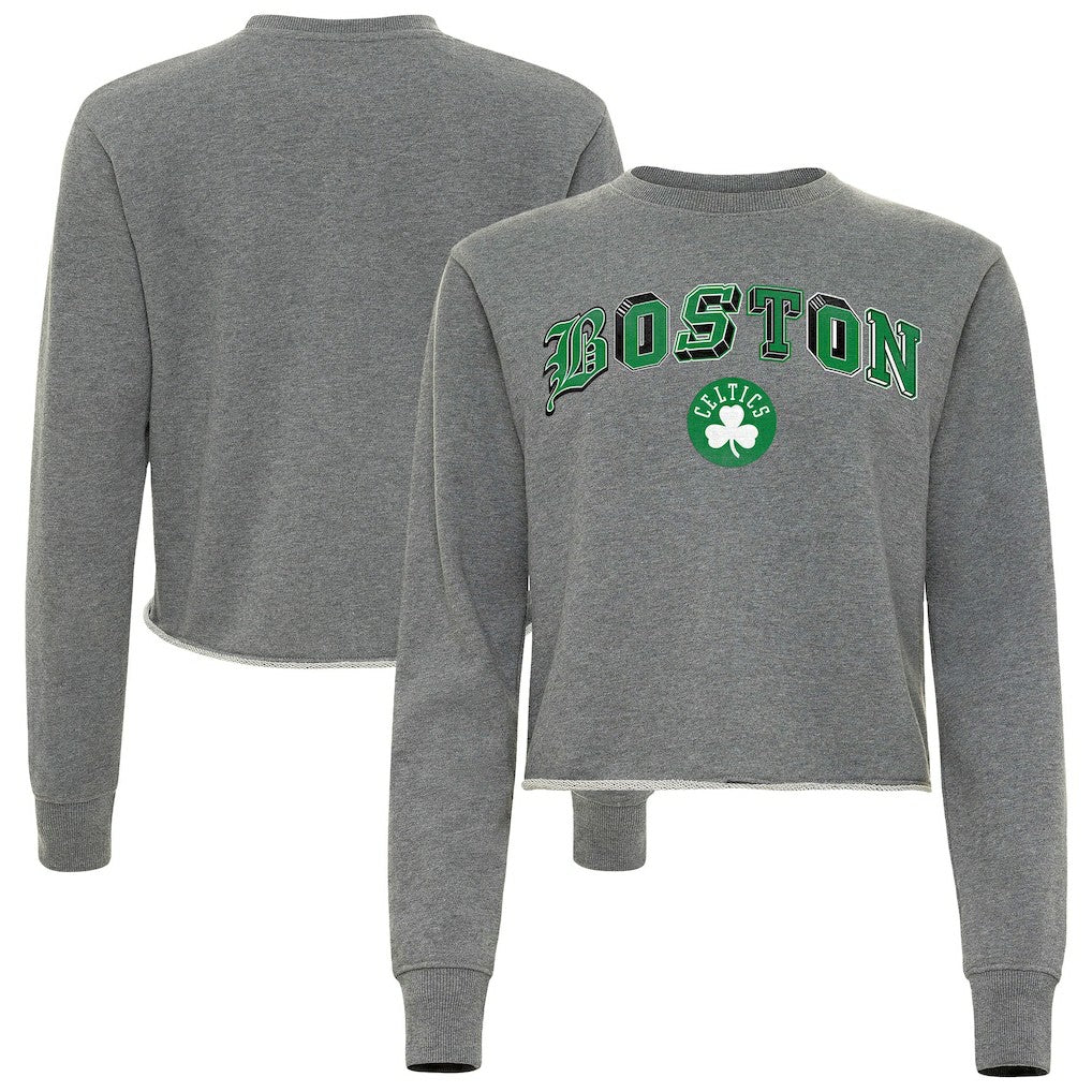 Heather Gray Boston Celtics Sportiqe Women's Varsity Collection Kacey Cropped Pullover Sweatshirt | NBA