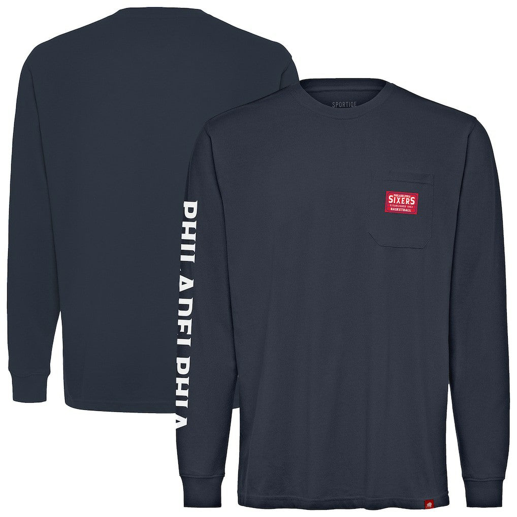 Navy Philadelphia 76ers Sportiqe Unisex Wales Heavyweight Pocket Long Sleeve T-Shirt | NBA
