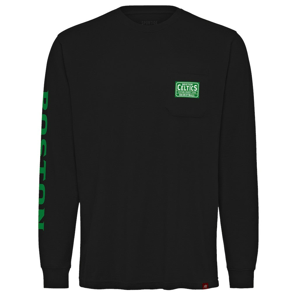 Black Boston Celtics Sportiqe Unisex Wales Heavyweight Pocket Long Sleeve T-Shirt | NBA