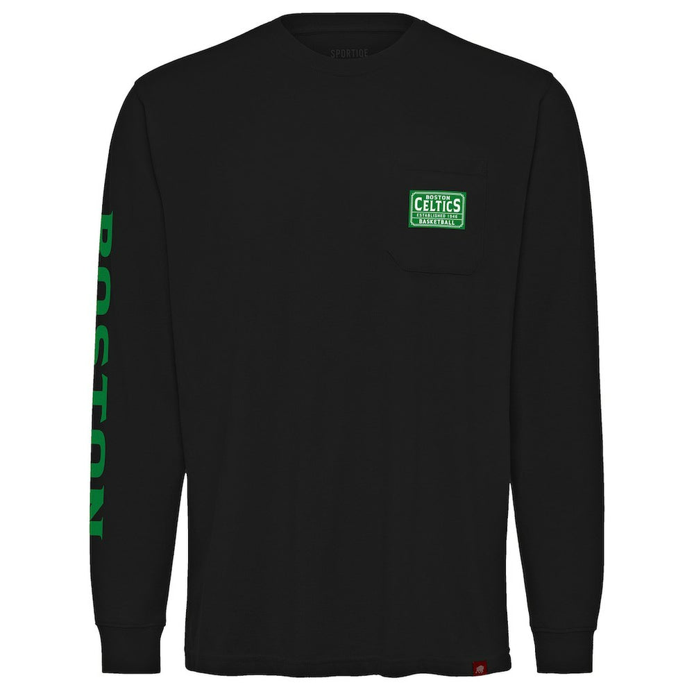 Black Boston Celtics Sportiqe Unisex Wales Heavyweight Pocket Long Sleeve T-Shirt | NBA