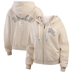 Tan Milwaukee Bucks WEAR by Erin Andrews Women's Tonal Felt Patch Full-Zip Hoodie | NBA