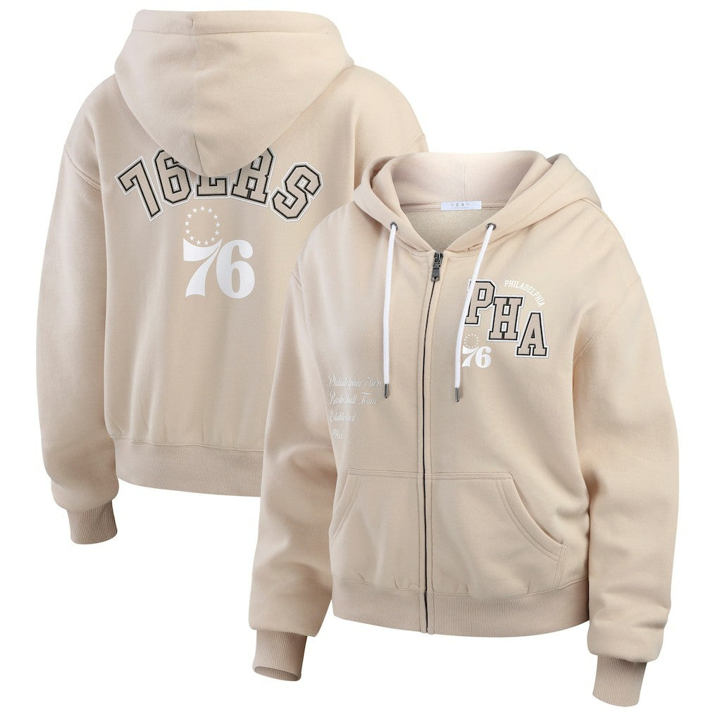 Tan Philadelphia 76ers WEAR by Erin Andrews Women's Tonal Felt Patch Full-Zip Hoodie | NBA