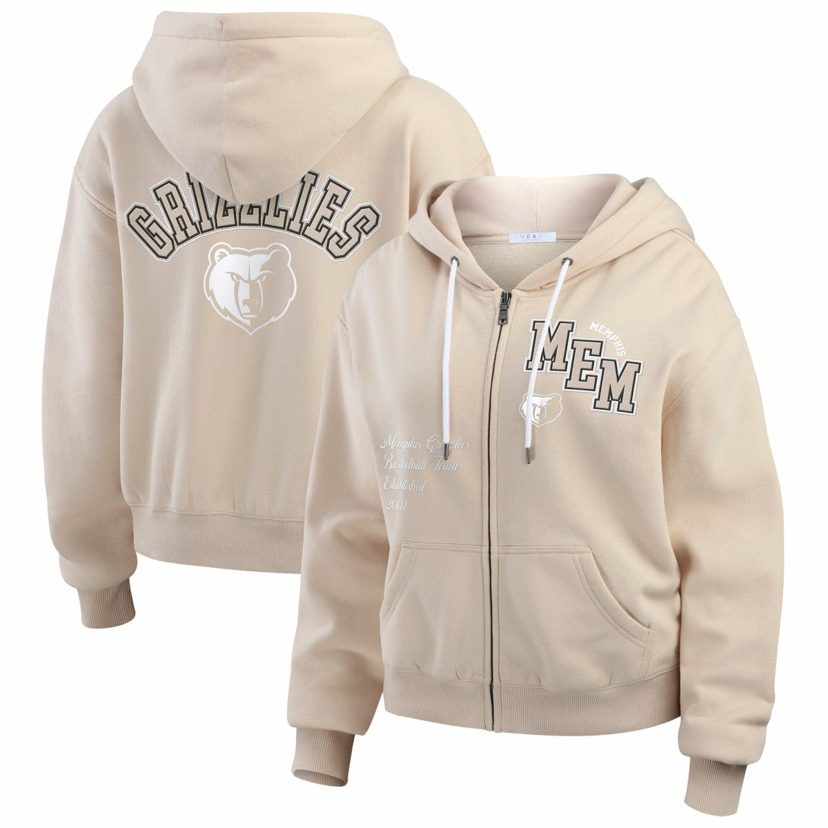 Cream Memphis Grizzlies WEAR by Erin Andrews Women's Plus Size Tonal Felt Patch Full-Zip Hoodie | NBA