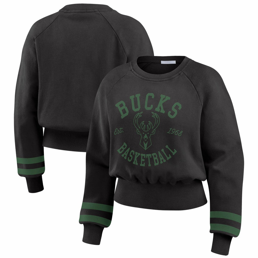 Black Milwaukee Bucks WEAR by Erin Andrews Women's Vintage Raglan Cropped Pullover Sweatshirt | NBA