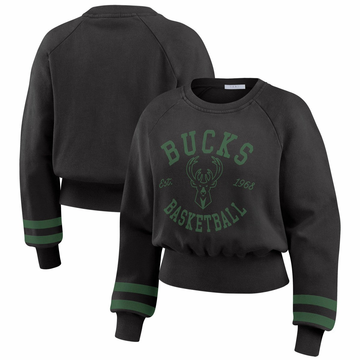 Black Milwaukee Bucks WEAR by Erin Andrews Women's Vintage Raglan Cropped Pullover Sweatshirt | NBA