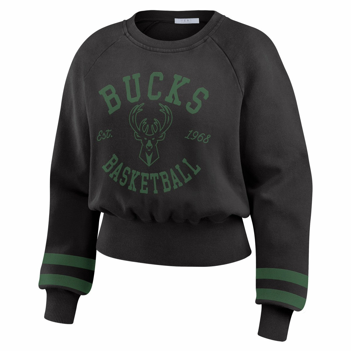Black Milwaukee Bucks WEAR by Erin Andrews Women's Vintage Raglan Cropped Pullover Sweatshirt | NBA