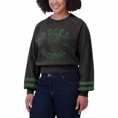 Black Milwaukee Bucks WEAR by Erin Andrews Women's Vintage Raglan Cropped Pullover Sweatshirt | NBA