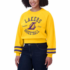 Gold Los Angeles Lakers WEAR by Erin Andrews Women's Vintage Raglan Cropped Pullover Sweatshirt | NBA